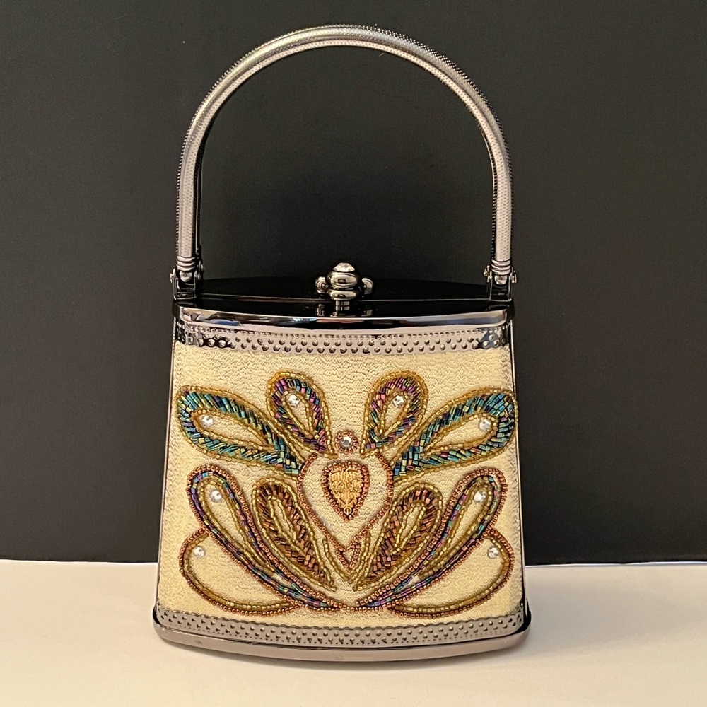 Embellished Beaded Evening Handbag with Gunmetal Grey-Silver Handle